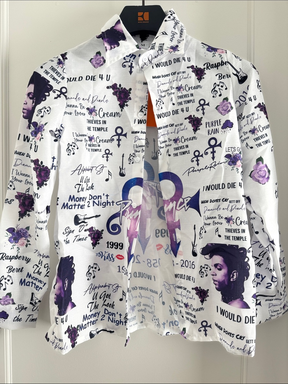 Prince Tribute Graphic Button-Up Shirt — White & Purple